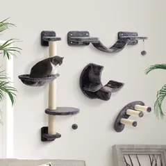 PawHut Four-Piece Cat Wall Furniture, with Hammock, Ladder, Platforms, Steps, for Indoor Use - Dark Grey - 2