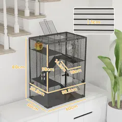 PawHut Four-Tier Hamster Cage with Deep Tempered Glass Bottom, Hut, Running Wheel, Food Dish, Water Bottle, 60 x 40 x 80cm - 3
