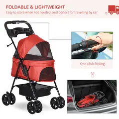 PawHut Dog Stroller with Rain Cover, Dog Pushchair One-Click Fold Trolley Jogger with EVA Wheels Brake Basket Adjustable Canopy Safety Leash for Small Dogs, Red - 5