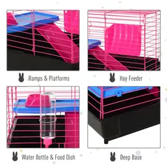 PawHut Dwarf Hamster Metal Cage Guinea Pigs Hutches w/ Tunnels Pink - 5