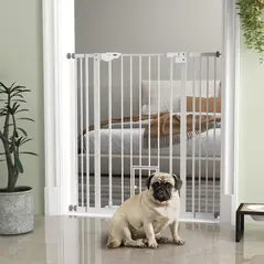 PawHut Extra Tall Pet Gate, Indoor Dog Safety Gate, with Cat Flap, Auto Close, 74-101cm Wide - White - 2