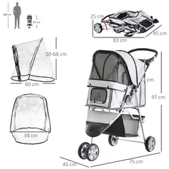 PawHut Dog Stroller with Cover for Small Miniature Dogs, Folding Cat Pram Dog Pushchair with Cup Holder, Storage Basket, Reflective Strips, Grey - 3