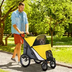 PawHut Foldable Pet Stroller, with Washable Cushion, Storage Bags, Safety Leash, for Medium, Large Dogs, Cats - Yellow - 2