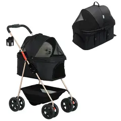 PawHut PawH 3-in-1 Pet Stroller, Folding 4 Wheel Dog Pram with Detachable Carrier for Mini Dogs, Cats, Black - 1