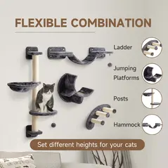 PawHut Four-Piece Cat Wall Furniture, with Hammock, Ladder, Platforms, Steps, for Indoor Use - Dark Grey - 5