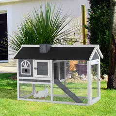 PawHut Guinea Pigs Hutches Wood Bunny Cage for Outdoor Indoor w/ Pull Out Tray Run Box Ramp - 2