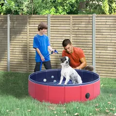 PawHut Foldable Dog Pool, 80 x 20 cm Pet Paddling Pool with Wood Board Support and Anti-Slip Bottom, Portable Doggy Paddling Pool for Garden and Outdoor Use, Red - 2