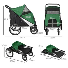 PawHut Foldable Pet Stroller, with Washable Cushion, Storage Bags, Safety Leash, for Medium, Large Dogs, Cats - Green - 3