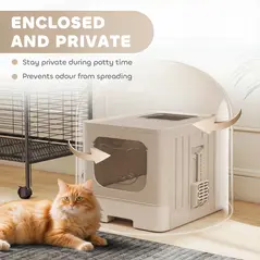 PawHut Foldable Cat Litter Box with Lid, Slide-Out Drawer, Scoop, Easy Clean, Odour Control, Anti-Splashing, Khaki - 5