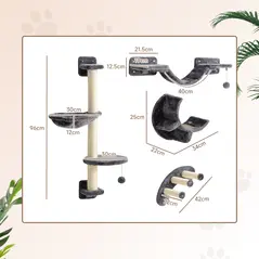 PawHut Four-Piece Cat Wall Furniture, with Hammock, Ladder, Platforms, Steps, for Indoor Use - Dark Grey - 3