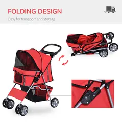PawHut Dog Stroller with Rain Cover for Small Miniature Dogs, Folding Pet Pram with Cup Holder, Storage Basket, Reflective Strips, Red - 5