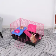 PawHut Dwarf Hamster Metal Cage Guinea Pigs Hutches w/ Tunnels Pink - 2