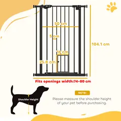 PawHut Extra Tall Pet Gate, Indoor Dog Safety Gate, with Cat Flap, Auto Close, 74-80cm Wide - Black - 3