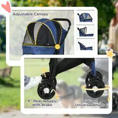 PawHut Foldable Pet Stroller for Dogs, Puppy Stroller, with Large Carriage, Brakes, Canopy - Blue - 6
