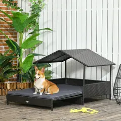 PawHut Extendable Elevated Dog Bed, Rattan Dog House w/ Water-Resistant Roof, Removable Cushion - Grey - 2