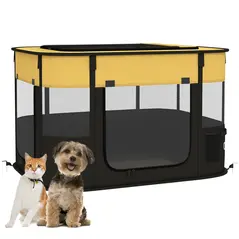 PawHut Foldable Dog Pen with Storage Bag for Indoor/Outdoor Use, Portable Pet playpen, with Ground Stakes - Yellow - 1
