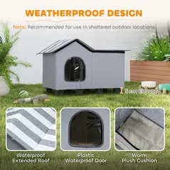 PawHut Outdoor Cat House, Weather Resistant Feral Cat Cave with Elevated Base and Cushion for Winter, Grey - 4