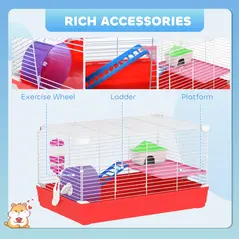 PawHut Hamster Cage, Small Gerbil Cage 2 Tiers Portable w/ Handle, Exercise Wheel, Water Bottle, Dishes - 6