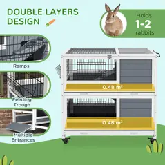 PawHut Double Deckers Guinea Pig Cage, Indoor Rabbit Hutch with Feeding Trough, Trays, Ramps, Openable Top - Grey - 4
