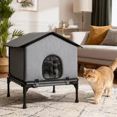 PawHut Outdoor Cat House, Waterproof Insulated Cat Kennel with Elevated Base, Foldable Feral Kitty Shelter for Kittens, Grey - 2