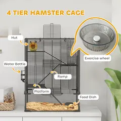 PawHut Four-Tier Hamster Cage with Deep Tempered Glass Bottom, Hut, Running Wheel, Food Dish, Water Bottle, 60 x 40 x 80cm - 5