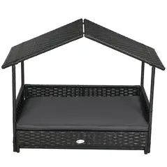 PawHut Extendable Elevated Dog Bed, Rattan Dog House w/ Water-Resistant Roof, Removable Cushion - Grey - 9