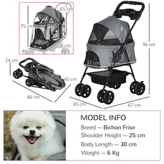 PawHut Dog Stroller with Rain Cover, Dog Pushchair One-Click Fold Trolley Jogger with EVA Wheels Brake Basket Adjustable Canopy Safety Leash for Small Dogs, Grey - 3