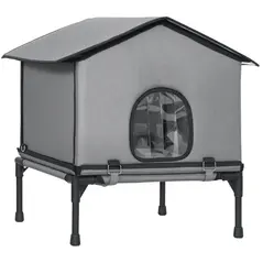PawHut Outdoor Cat House, Waterproof Insulated Cat Kennel with Elevated Base, Foldable Feral Kitty Shelter for Kittens, Grey - 1