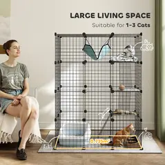 PawHut Four-Tier DIY Large Cat Cage with Hammock, Ramps, Five Doors, Indoor Use for 1-3 Cats, Black - 4