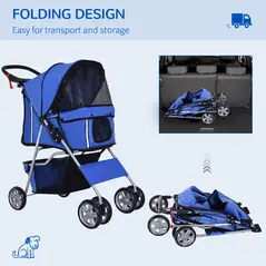 PawHut Dog Stroller with Rain Cover for Small Miniature Dogs, Folding Pet Pram with Cup Holder, Storage Basket, Reflective Strips, Blue - 6