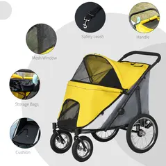PawHut Foldable Pet Stroller, with Washable Cushion, Storage Bags, Safety Leash, for Medium, Large Dogs, Cats - Yellow - 6