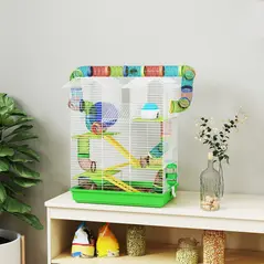 PawHut Hamster Cage, 5 Tier Carrier Habitat with Exercise Wheels Tunnel Tube Water Bottle Dishes House Ladder, Gerbil Cage for Dwarf Mice, Green - 2