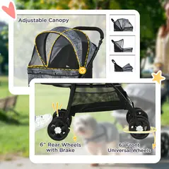 PawHut Foldable Pet Stroller for Dogs, Puppy Stroller, with Large Carriage, Brakes, Canopy - Grey - 6