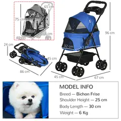 PawHut Dog Stroller with Rain Cover, Dog Pushchair One-Click Fold Trolley Jogger with EVA Wheels Brake Basket Adjustable Canopy Safety Leash for Small Dogs, Blue - 3