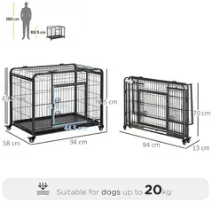 PawHut Metal Dog Cage Kennel Locking Door & Wheels Removable Tray Openable Top For Medium Pets 94 x 58 x 69.5 cm - 3