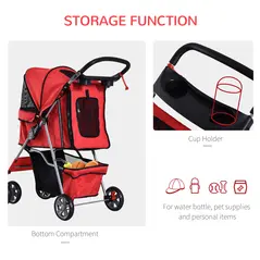 PawHut Dog Stroller with Rain Cover for Small Miniature Dogs, Folding Pet Pram with Cup Holder, Storage Basket, Reflective Strips, Red - 6