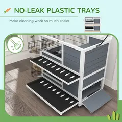 PawHut Double Deckers Guinea Pig Cage, Indoor Rabbit Hutch with Feeding Trough, Trays, Ramps, Openable Top - Grey - 6