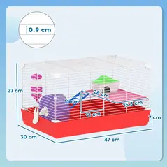 PawHut Hamster Cage, Small Gerbil Cage 2 Tiers Portable w/ Handle, Exercise Wheel, Water Bottle, Dishes - 3