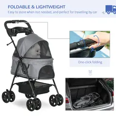PawHut Dog Stroller with Rain Cover, Dog Pushchair One-Click Fold Trolley Jogger with EVA Wheels Brake Basket Adjustable Canopy Safety Leash for Small Dogs, Grey - 5