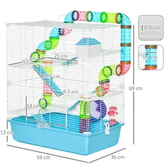 PawHut Hamster Cage w/ Water Bottle, Exercise Wheel, Tubes, Ramps - Light Blue - 3