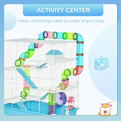 PawHut Hamster Cage w/ Water Bottle, Exercise Wheel, Tubes, Ramps - Light Blue - 4