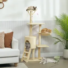 PawHut Multi-Level Cat Tower, 134cm Cat Tree with Condo and Sisal Scratching Posts for Indoor Kittens, Beige - 2