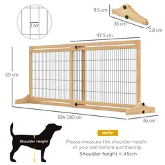 PawHut Freestanding Dog Gate, Foldable Pet Fence, Indoor Wood Barrier, Stair Gate with Support Feet, for Doorway, Hallway, Small and Medium Dogs, 69H x 104-180 cm, Natural Wood Finish - 3