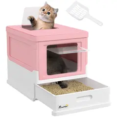 PawHut Hooded Cat Litter Box, Portable Pet Toilet, with Scoop, Front Entry - Pink - 1