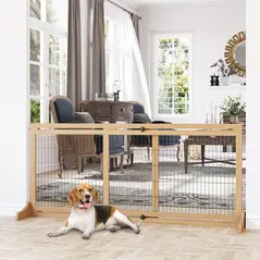 PawHut Freestanding Dog Gate, Foldable Pet Fence, Indoor Wood Barrier, Stair Gate with Support Feet, for Doorway, Hallway, Small and Medium Dogs, 69H x 104-180 cm, Natural Wood Finish - 2