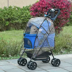 PawHut Dog Stroller with Rain Cover, Dog Pushchair One-Click Fold Trolley Jogger with EVA Wheels Brake Basket Adjustable Canopy Safety Leash for Small Dogs, Blue - 2
