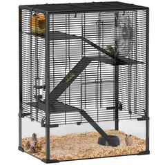 PawHut Four-Tier Hamster Cage with Deep Tempered Glass Bottom, Hut, Running Wheel, Food Dish, Water Bottle, 60 x 40 x 80cm - 1