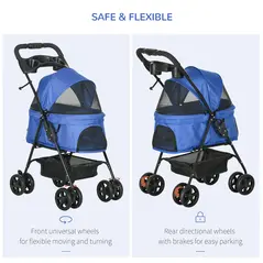 PawHut Dog Stroller with Rain Cover, Dog Pushchair One-Click Fold Trolley Jogger with EVA Wheels Brake Basket Adjustable Canopy Safety Leash for Small Dogs, Blue - 6