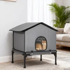 PawHut Outdoor Cat House, Waterproof Insulated Cat Kennel with Elevated Base, Foldable Feral Kitty Shelter for Kittens, Grey - 9