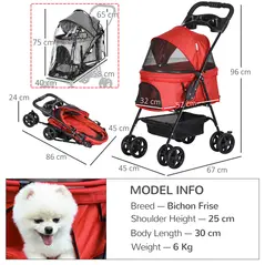 PawHut Dog Stroller with Rain Cover, Dog Pushchair One-Click Fold Trolley Jogger with EVA Wheels Brake Basket Adjustable Canopy Safety Leash for Small Dogs, Red - 3